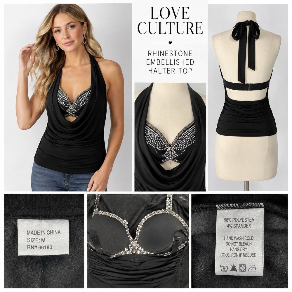 Y2K Rhinestone Bra Halter Top Black Cowl Drape Open Back Love Culture M